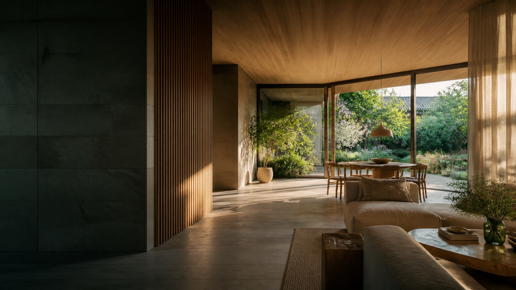 Warmer moderner Wohnraum mit natürlichen Materialien, Tageslicht und Blick in einen grünen Garten